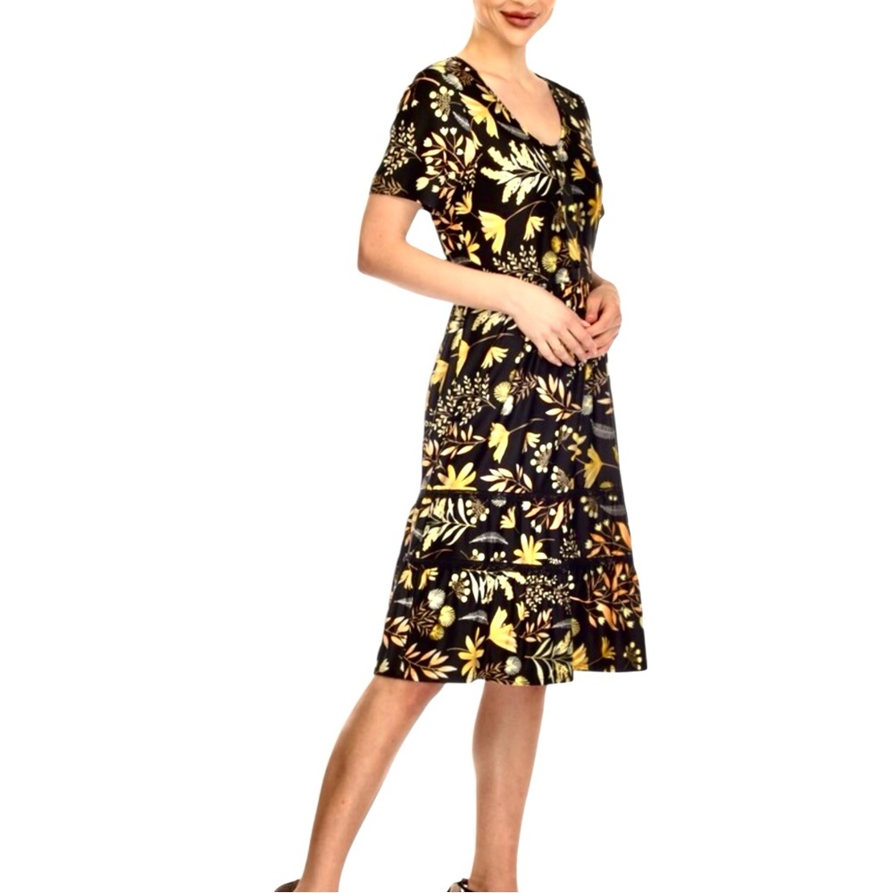 White Mark Floral High Waist Tiered Dress, Knee Length, Yellow Floral, Sz‎ large